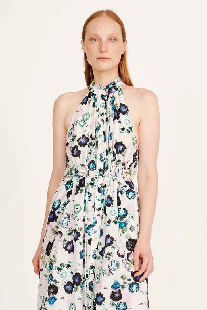 Silk Voile White Floral Halter Midi Dress